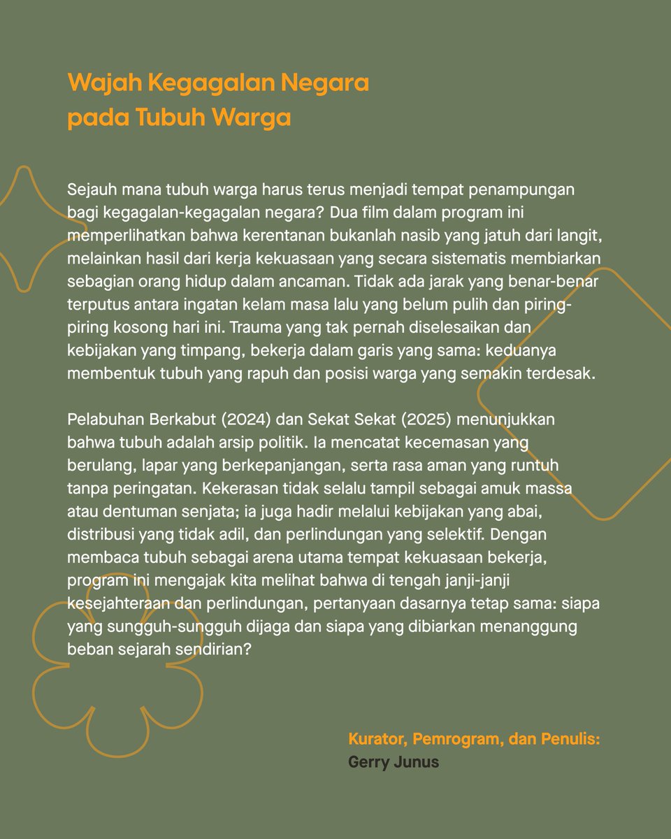 Di antara lapar yang diwariskan &amp; trauma yang tak selesai, siapa yang sesungguhnya kita lindungi?

Pemutaran film Sekat Sekat &amp; Pelabuhan Berkabut + diskusi KDM SERIES #70.

🗓 Sabtu, 7 Maret 2026
⏰ 19.00 WIB
📍 Mini Bioskop Sleman Creative Space
💰 Rp20K

Daftar via link di bio