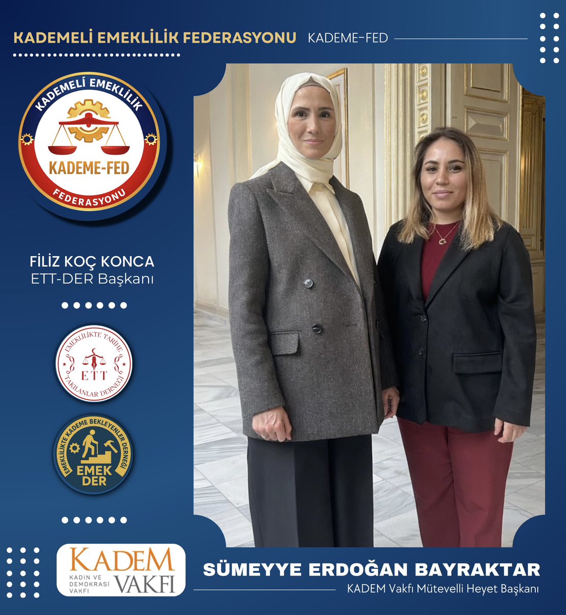 Kademeli Emeklilik Federasyonu ve EMEK-DER olarak, Kadın ve Demokrasi Vakfı (KADEM) Mütevelli Heyeti Başkanı ve Sayın Cumhurbaşkanımızın kıymetli evladı Sümeyye Erdoğan Bayraktar Hanımefendi ile son derece verimli ve yapıcı bir görüşme gerçekleştirdik.

Görüşmede;
• İşe giriş
