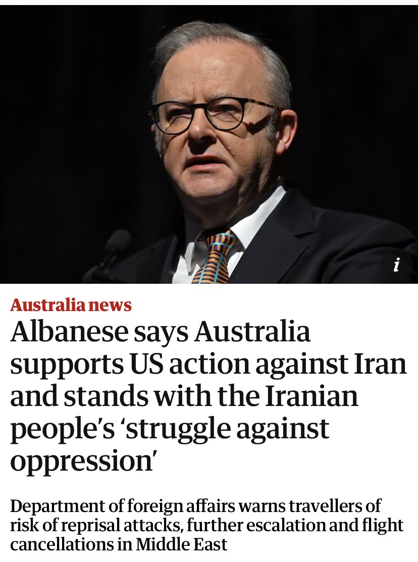 Albanese’s backing of Israeli and US attacks on Iran shows that we are completely devoid of acting independently from Trump and Netanyahu.
There was a time when Labor pursued peace not war. That time is long gone.
Leadership needed  not sycophantic capitulation to militarism.