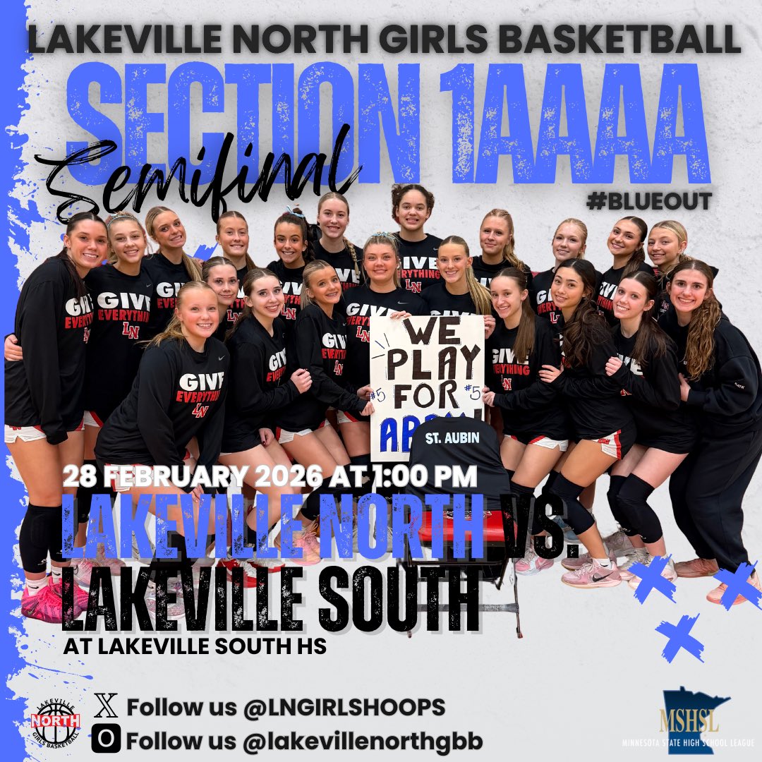 LNGirlsHoops's tweet photo. Section 1AAAA Semifinal is presented by Ruhland Family!!

🎟️ First 200 LN Students are FREE!!
🆚 Lakeville South 
⏰ 1:00 pm 
📍 Lakeville South High School
💙 Theme:  BLUEOUT
📺 https://t.co/FxWE6MwHKD
🔗 https://t.co/n8pwZca1X6…

#GiveEverything #TeamAbby #RoadtoState🐾 https://t.co/UZDwIX3sv4