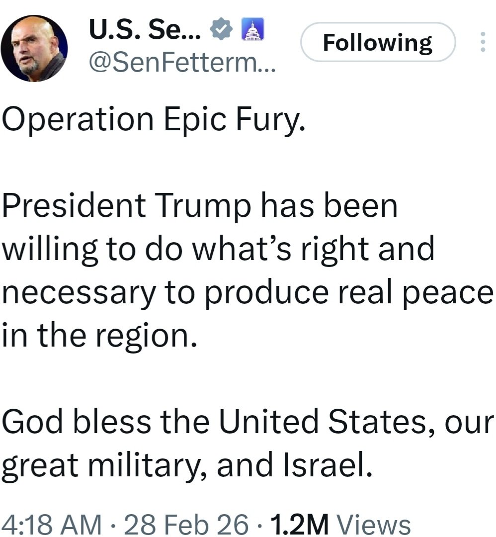 Thank you Senator John Fetterman for standing with our country and our president on this critical strike, it's refreshing to see someone from the left who is actually patriotic. God bless you and our troops!