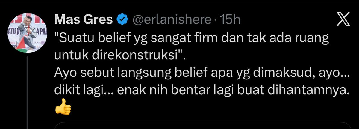 Menyedihkan sekali akun yang dikenal membela Palestina tiba-tiba ikut menjadi tukang pukul kelompok lain.

Mimin angkat kembali tweet mengenai alQaws. Pembebasan akan opresi itu tidak bisa setengah2, nanti malah akan jadi opresor baru, apalagi sudah main hantam, pukul, dsb.