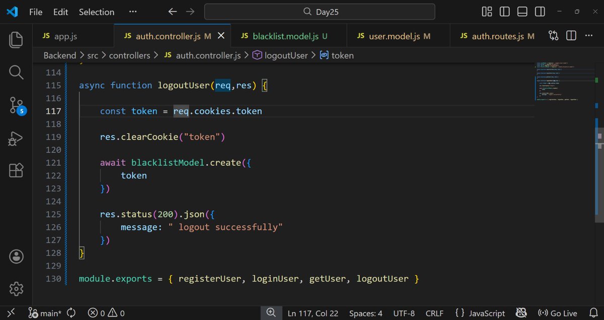 NikhilGupta6656's tweet photo. Day 139 🚀
Implemented Token Blacklisting ✅
Created Blacklist model & Logout API 🔐
Enhanced JWT authentication security in my project.
Learning at Sheriyansh Coding School
#Day139 #Authentication #TokenBlacklisting #FullStackDev #BackendSecurity #sheryian https://t.co/82B4JBNy1P