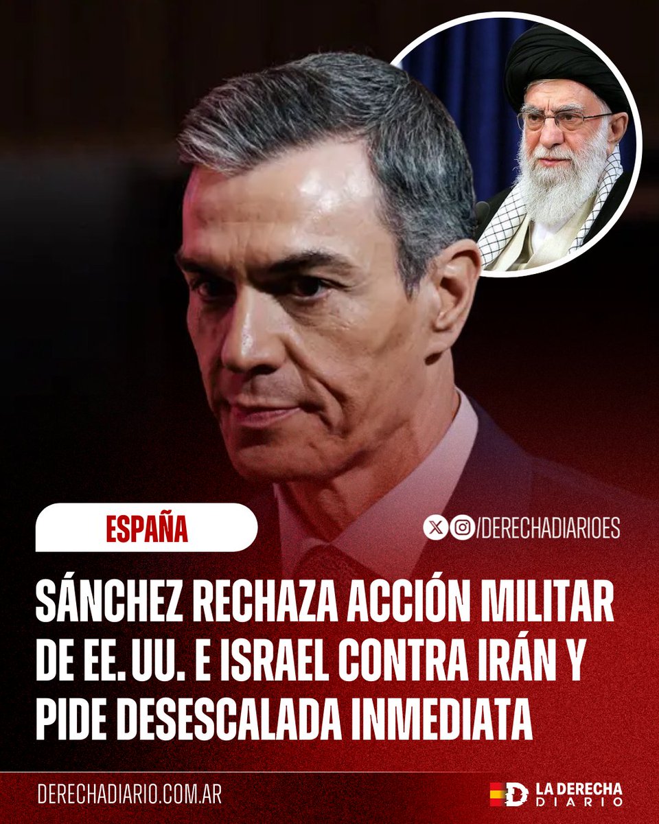 DerechaDiarioES's tweet photo. 🚨🇪🇸🇮🇷🇺🇸🇮🇱 | SIEMPRE DEL LADO DEL TERRORISMO: El presidente socialista Pedro Sánchez rechaza la acción militar unilateral de EE. UU. e Israel contra Irán y exige desescalada inmediata. https://t.co/FHcjgtihhq