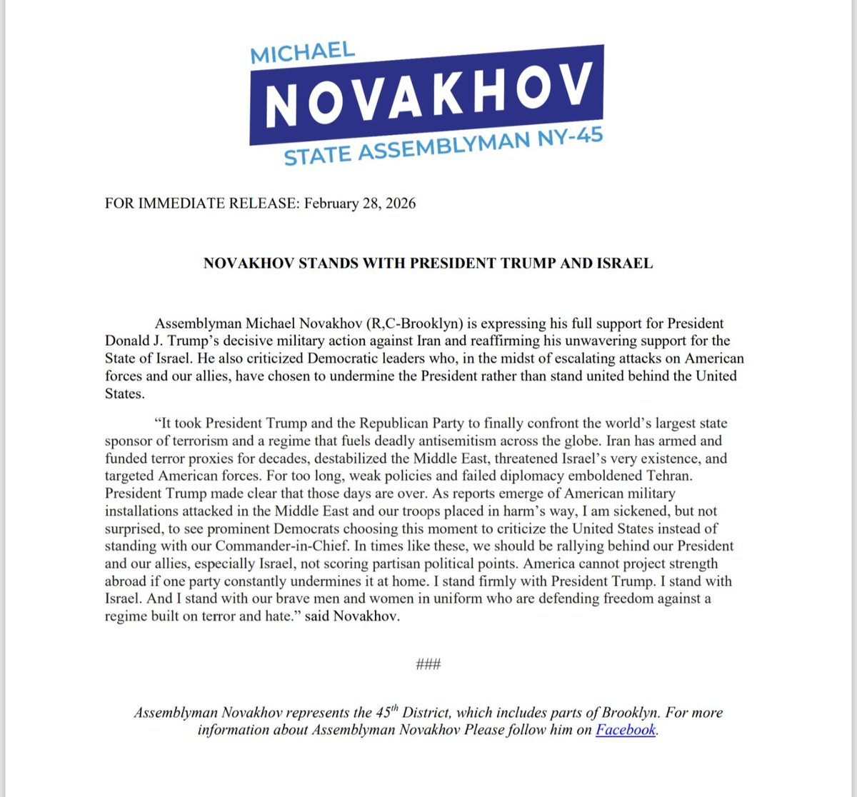 MichaelforNY's tweet photo. While some Democrats rush to criticize our country, I stand with our President, our troops, and our ally Israel. This is a moment for strength, not partisan democrat sabotage.

See my full statement. https://t.co/xCLQtE5nI6