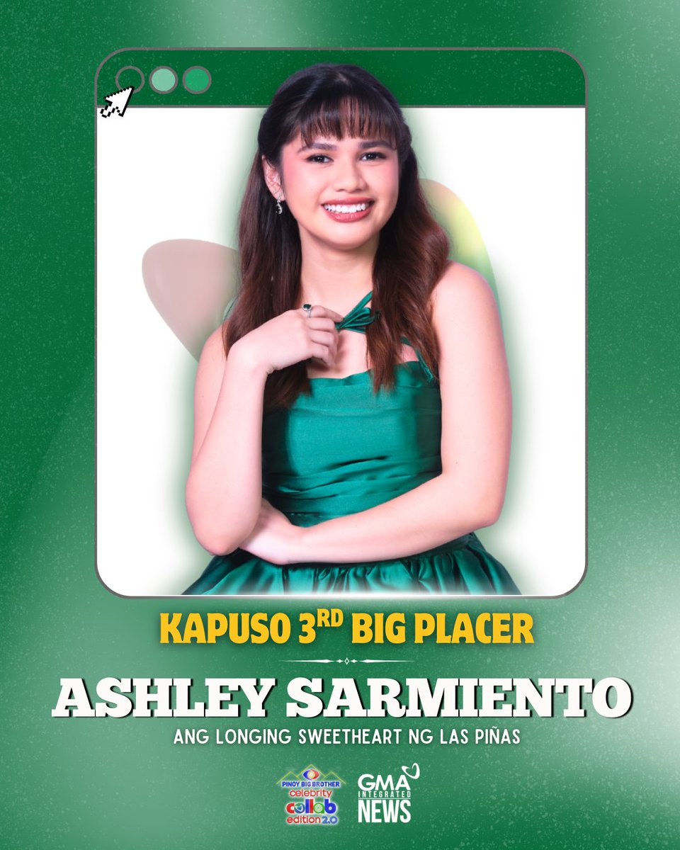 ASHLEY IS YOUR KAPUSO THIRD BIG PLACER! 

Ang "Longing Sweetheart ng Las Piñas" na si Ashley Sarmiento ang 3rd Big Placer ng "Pinoy Big Brother: Celebrity Collab Edition 2.0!" #PBBCollab20TheBigNigh