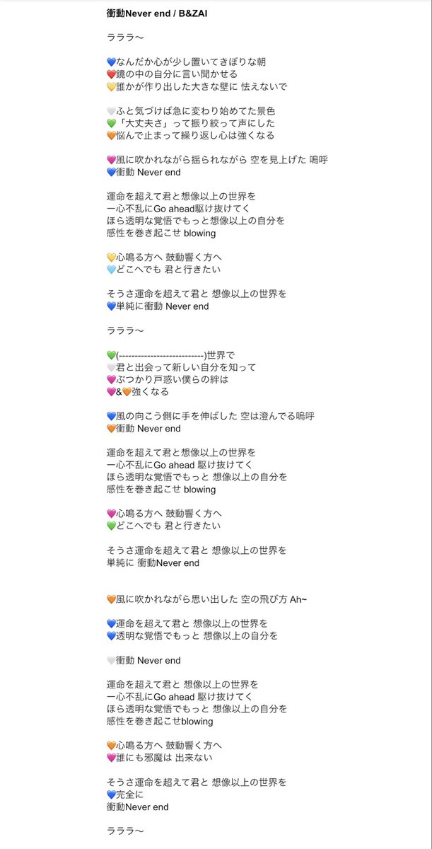 B&ZAI ROCK'N'DOL 歌割りメモ ▫️衝動Never end /B&ZAI (新曲) 5公演