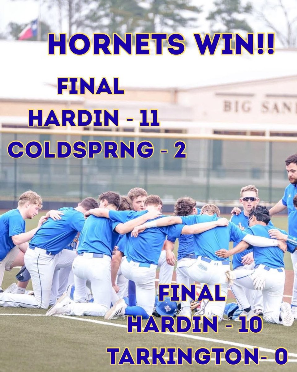 🚨HORNETS WIN!!🚨

Hornets win two today to win their pool and be the #1 seed headed into championship Saturday! 

Vs Coldspring 
Bishop 1-2, 2B, 2RBIS, 
Whitehead 1-1 
Jones 1-2, 2B, RBI
Burgess 1-2

Whitehead 4.2IP, W, 0H, 0ER, 4Ks 
Bishop 0.2IP 

Vs Tarkington 
Phelps 1-3, 2B