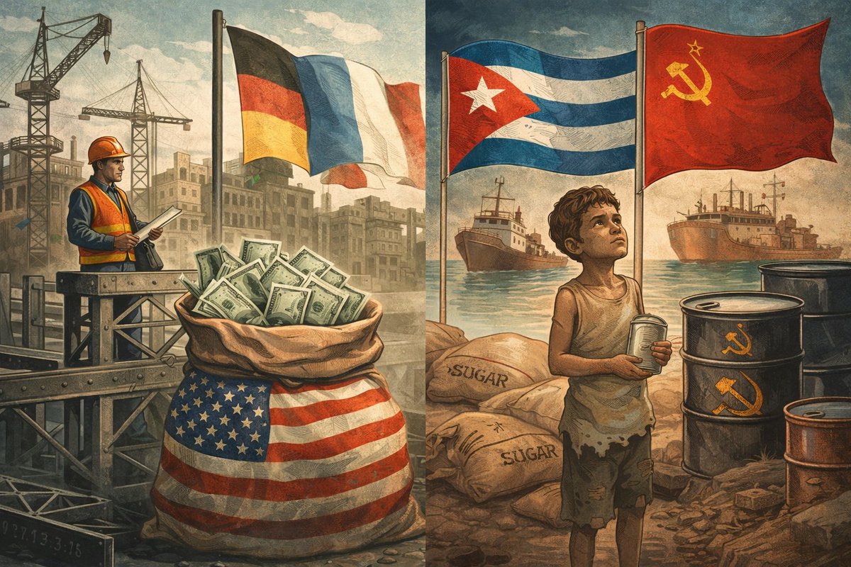 Dato histórico que muchos prefieren ignorar:

Europa quedó destruida tras la Segunda Guerra Mundial.
EE.UU. le entregó 13.3 mil millones de dólares entre 1948 y 1952 (equivalentes hoy a más de 150 mil millones).
Cuatro años de ayuda.

Resultado: Alemania, Francia, Italia y el