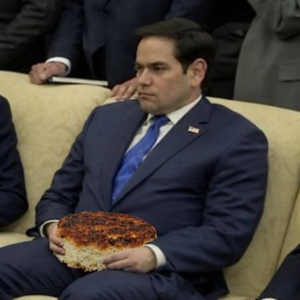 Rubio presenting Trump with slightly burnt tahdig in appreciation for freeing Iran