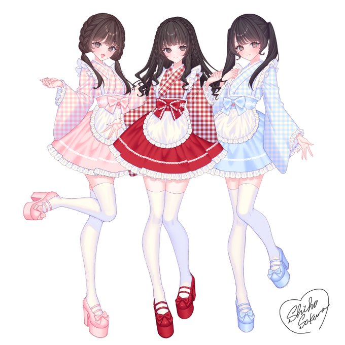 ご依頼でCAFE DOLL (#cafedoll_osaka )にてお給仕されているもかさん、みゆさん、しおりさんのイラストを描かせて頂きました🎀ありがとうございました!💖 