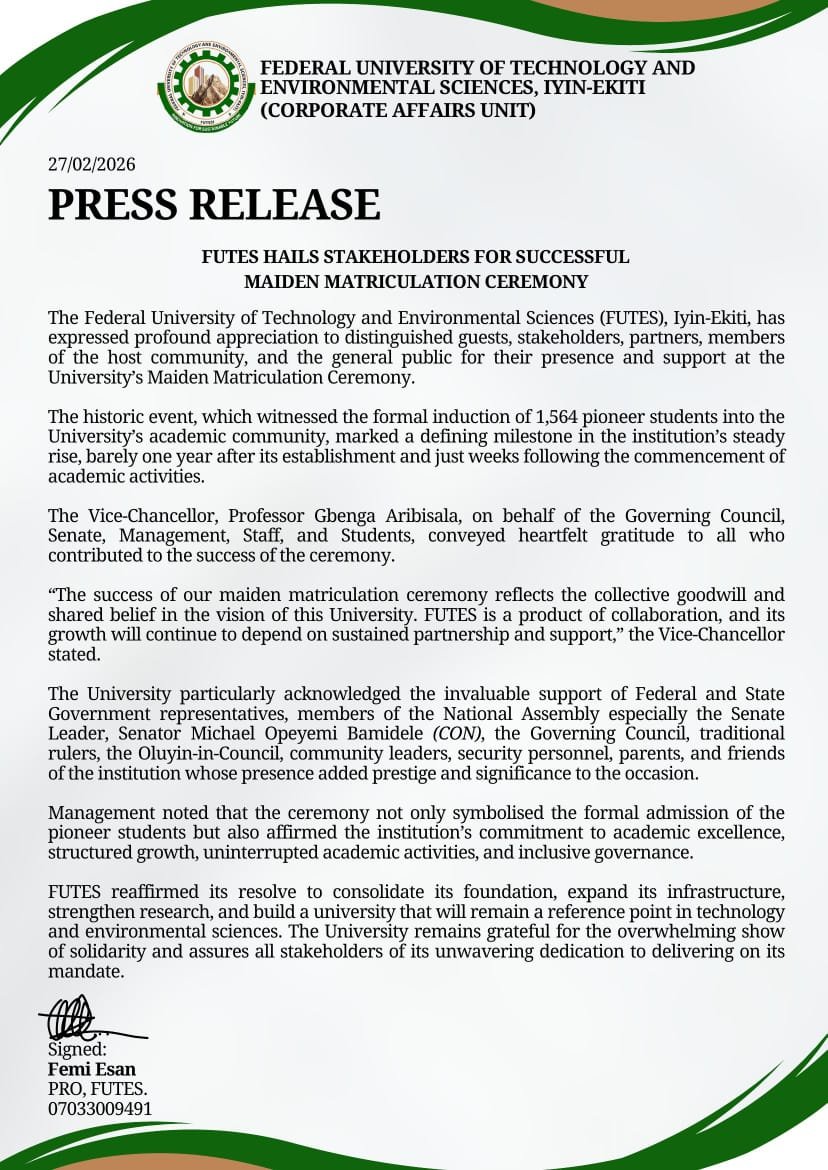𝐅𝐎𝐑 𝐈𝐌𝐌𝐄𝐃𝐈𝐀𝐓𝐄 𝐑𝐄𝐋𝐄𝐀𝐒𝐄.
<a href="/FUTESIyinEkiti/">FUTES, Iyin-Ekiti</a>