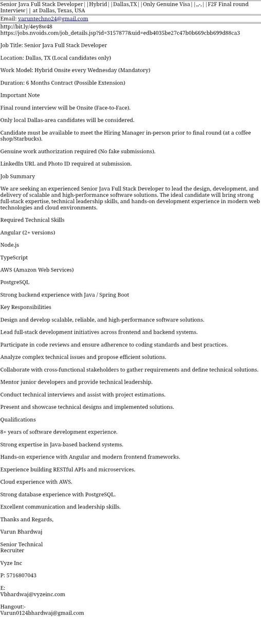 A recruiter from Vyze Inc is advertising a job for a Senior Java Full Stack Developer in Dallas, TX.

The posting includes several  screening conditions:

1. “Only genuine visa”

2. Local Dallas-area candidates only

And ... 

3  Candidate must meet the Hiring Manager in person