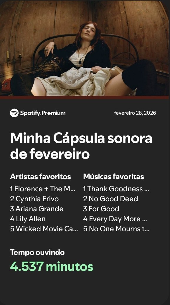 Odeio que as músicas de for good ficaram vinculadas às artistas no Spotify pq parece que eu só ouço elas mas nunca dei um play nessas monas na vida só ouço mto as músicas de wicked msm