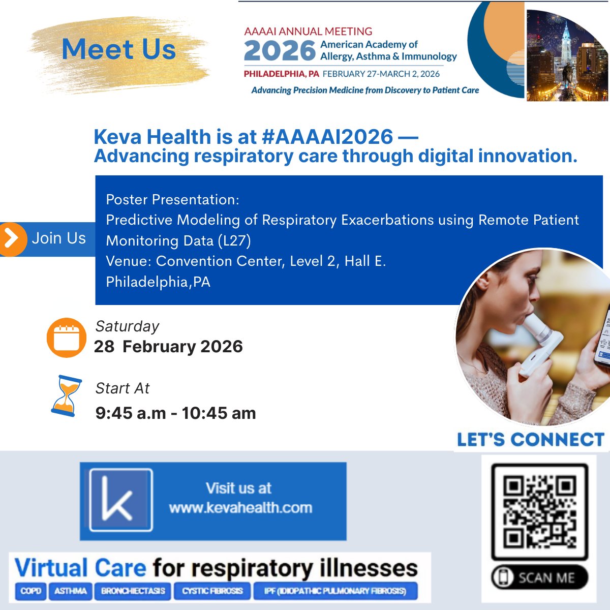 kevahealth's tweet photo. @Keva Health is at #AAAAI26! 

Revolutionizing #RespiratoryCare with our Keva365 Remote Patient Monitoring solution — empowering earlier intervention and smarter chronic care.

Email us: info@kevahealth.com   
Visit us:https://t.co/jFvFmYvdSE

#COPD #Asthma #HealthcareInnovation https://t.co/ai7lSw1pJK