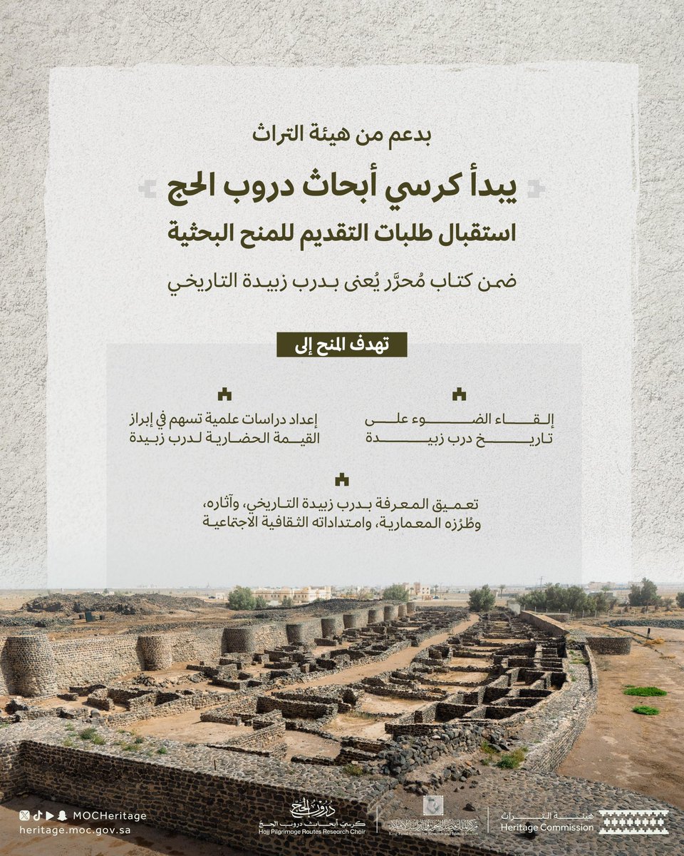 MOCHeritage's tweet photo. بدعم من #هيئة_التراث وبالتعاون مع @KFCRIS، يستقبل #كرسي_أبحاث_دروب_الحج طلبات التقديم لمنح بحثية تُنشر ضمن كتاب مُحرَّر يُعنى بـ #درب_زبيدة.

للتقديم:
https://t.co/nzpHOFU9tv https://t.co/sxJZNN1UYe
