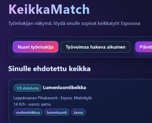 TYÖNHAUN TINDER

Espoon kaupunki sai 200 000 euroa "joululahjarahoja" "Työnhaun Tinderiä" varten.

Itse vibakoodasin tälläisen sivuston parissa tunnissa 20€/kk Codex-palvelun avulla. 

mtikavalko.github.io/TyonhakuTinder/
