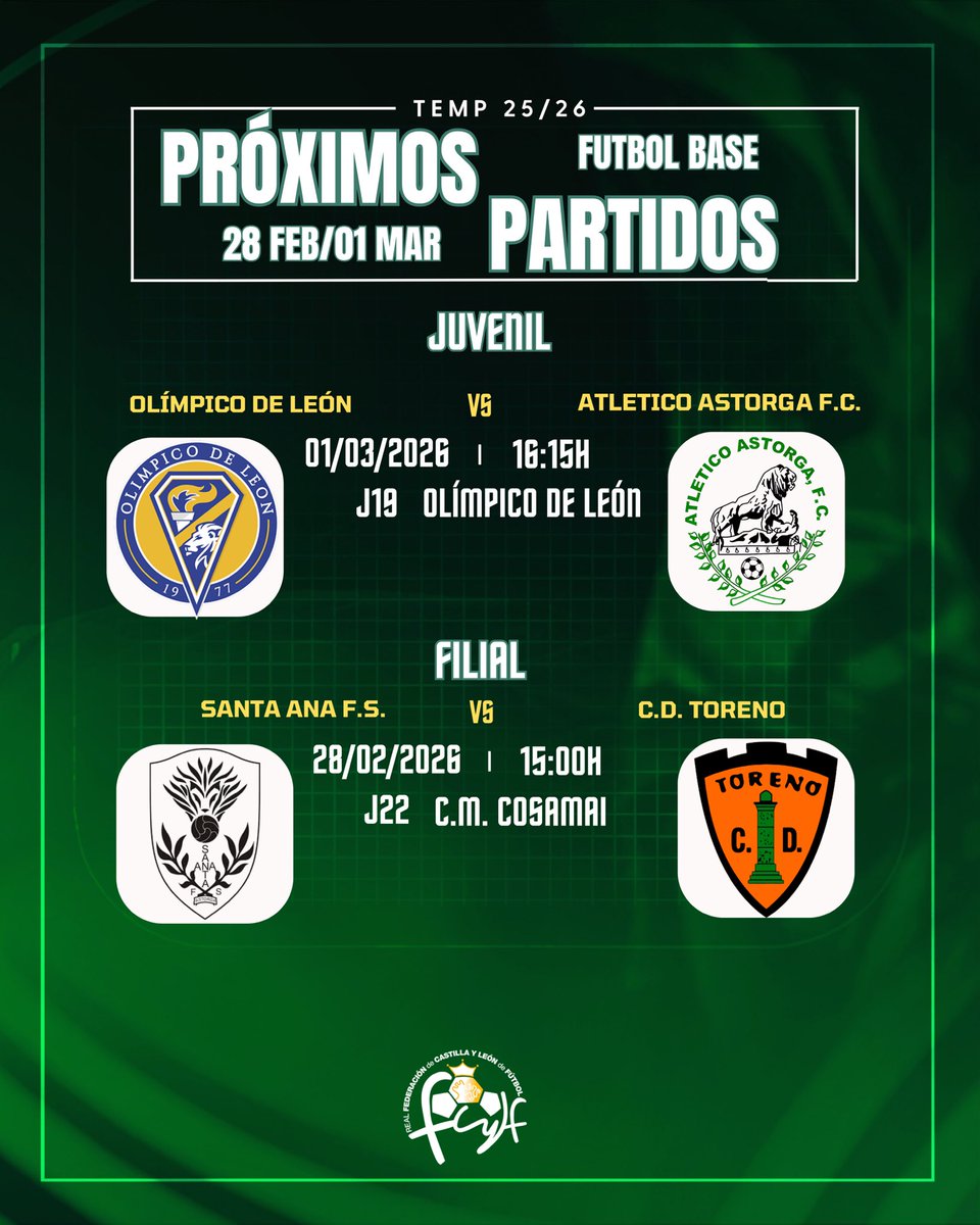 AtleticoAstorga's tweet photo. ⒻⓊⓉⒷⓄⓁ ⒷⒶⓈⒺ | 𝙷𝙾𝚁𝙰𝚁𝙸𝙾𝚂
Os dejamos por aquí los horarios de este fin de semana de nuestros equipos de futbol base.
#AtlAstorgaJuvenil
#SantaAnaFS
#FutbolBase
#VamosVerdes💚⚽️ https://t.co/w9ZHwoSrgy
