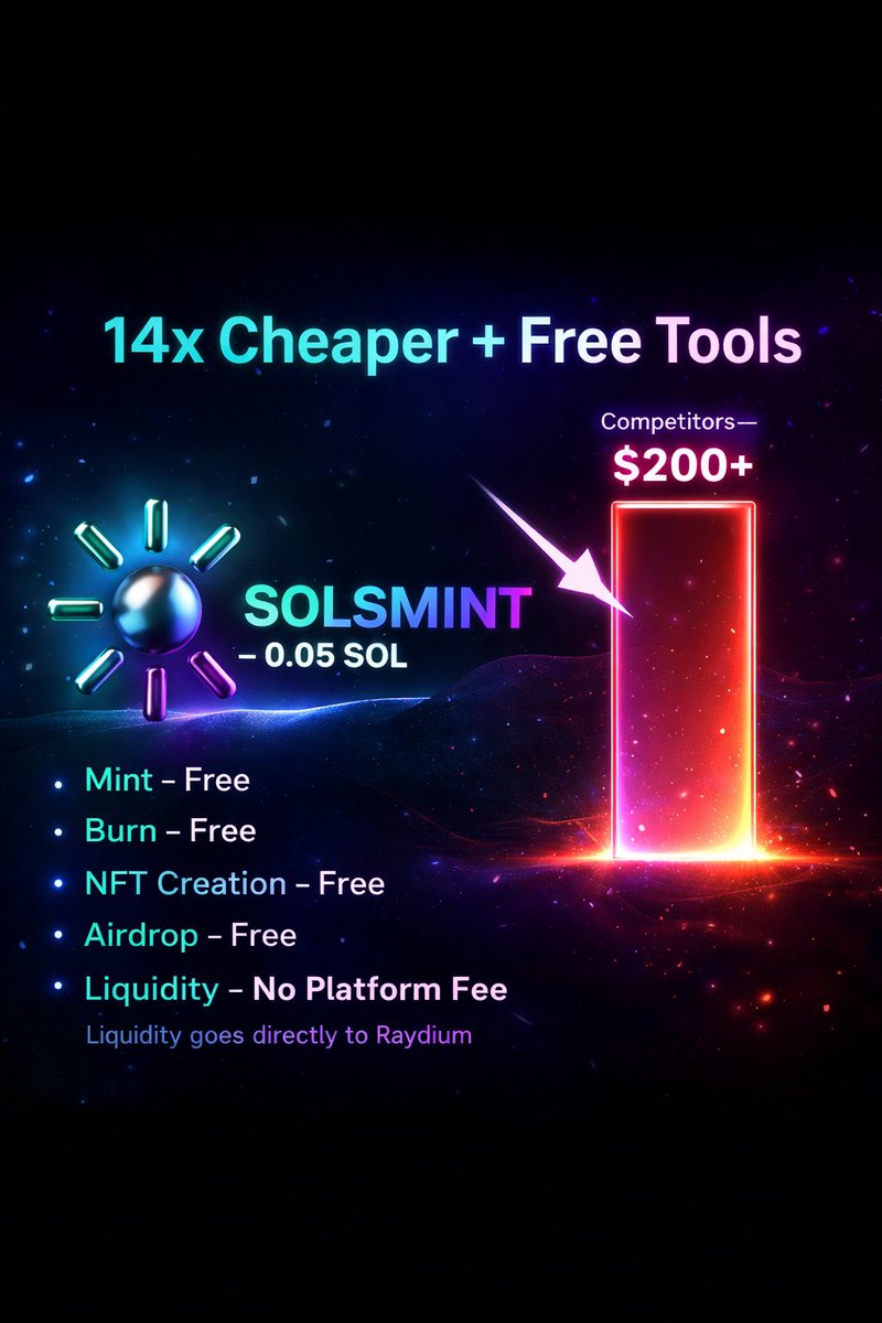 solsmint's tweet photo. β‘ Affordable Web3 launch platform
0.05 SOL creation
Free mint, burn, NFT and airdrop
Liquidity routed directly to Raydium β zero platform fee
https://t.co/n42rZMTqHM
#Web3Launch #Blockchain https://t.co/oY2Luqqcso