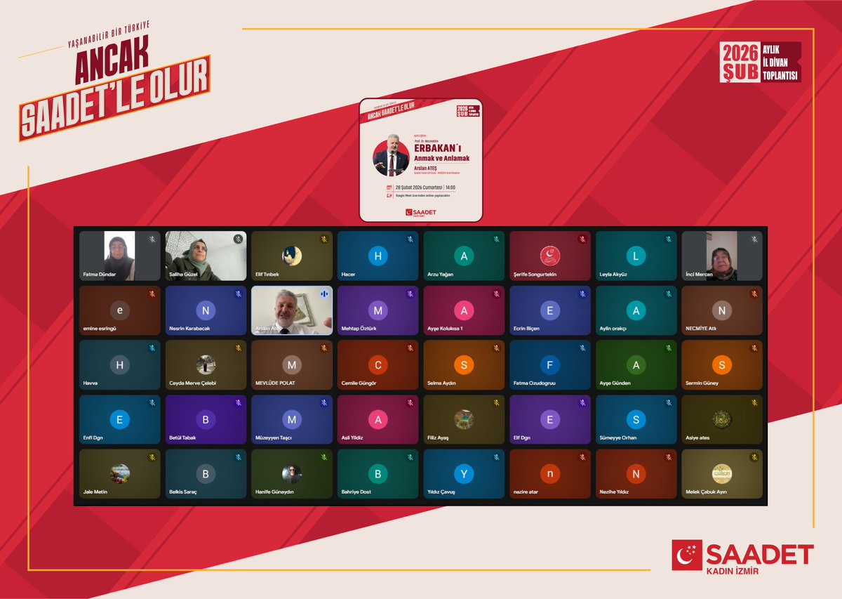 2026 Şubat ayı il divanımızı Saadet Partisi GİK Üyesi Arslan Ateş'in "Erbakan'ı Anmak ve Anlamak" konulu eğitimiyle gerçekleştirdik.
<a href="/SaadetKadin/">Saadet Partisi Kadın Kolları</a>