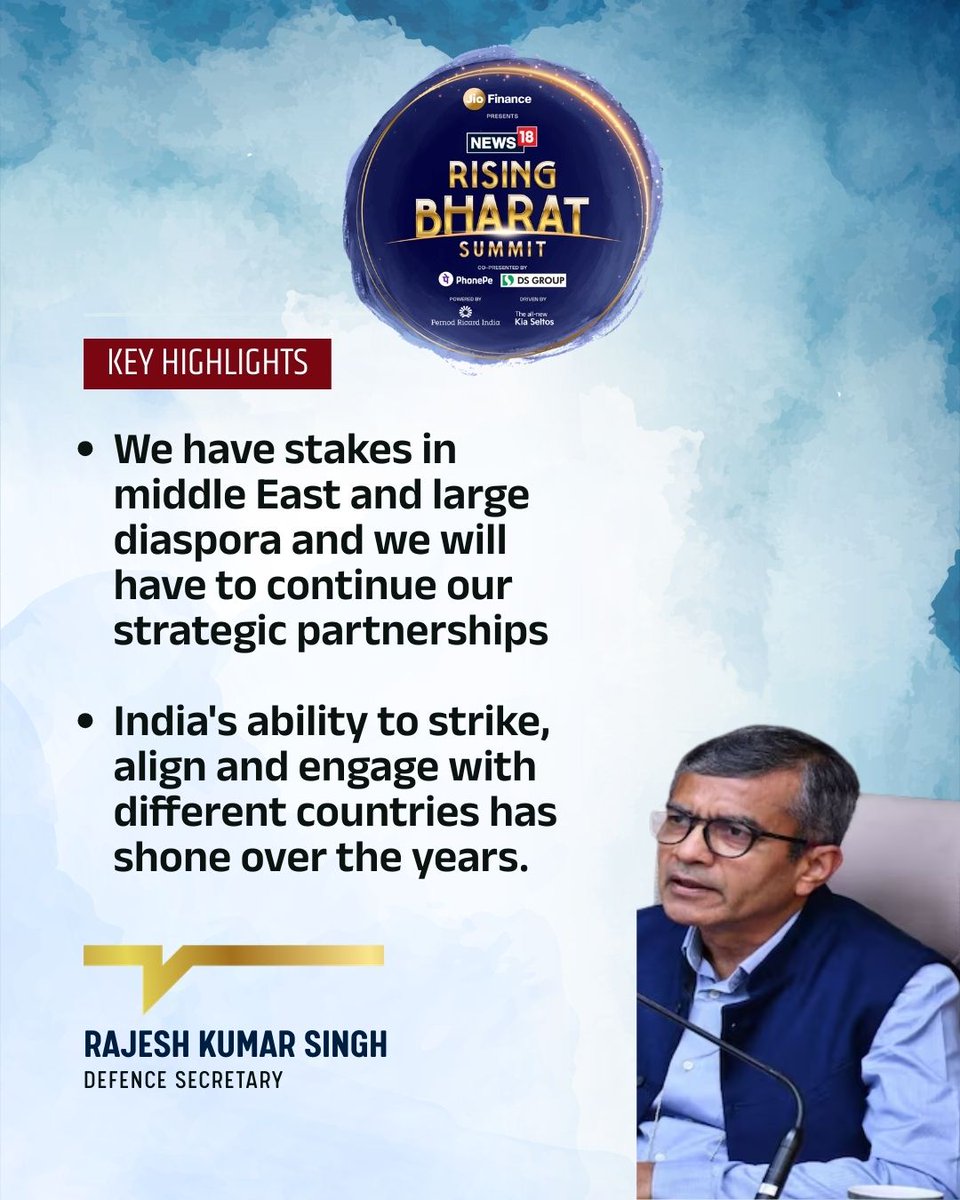 moneycontrolcom's tweet image. #RisingBharatSummit2026 | "India's ability to strike, align and engage with different countries has shone over the years". 

says Rajesh Kumar Singh, Defence Secretary in conversation with @RShivshankar 

#MCatRisingBharatSummit #Summit #Defence #India