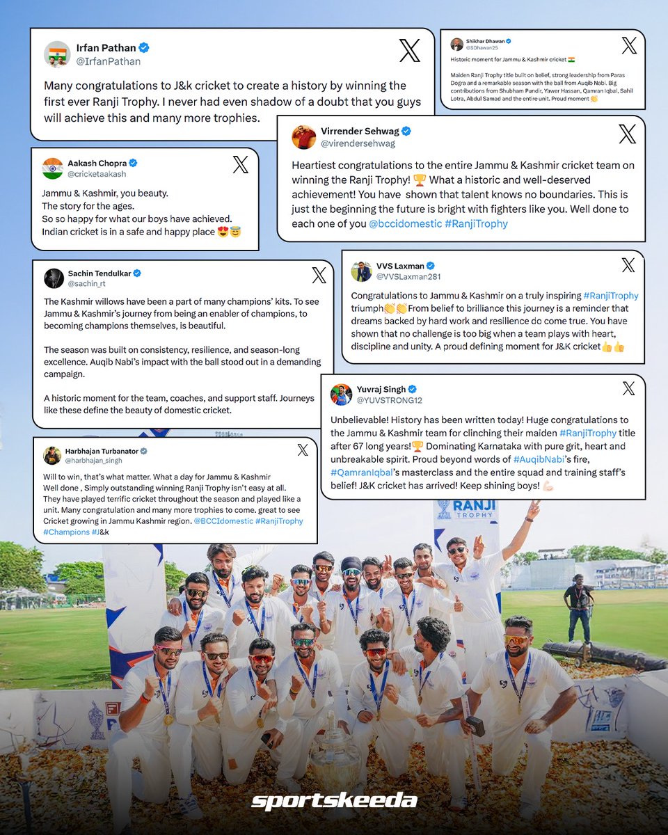 Sportskeeda's tweet image. Former Indian legends applaud Jammu &amp;amp; Kashmir on their maiden Ranji Trophy title 🏏🏆

#Cricket #RanjiTrophy #BCCI