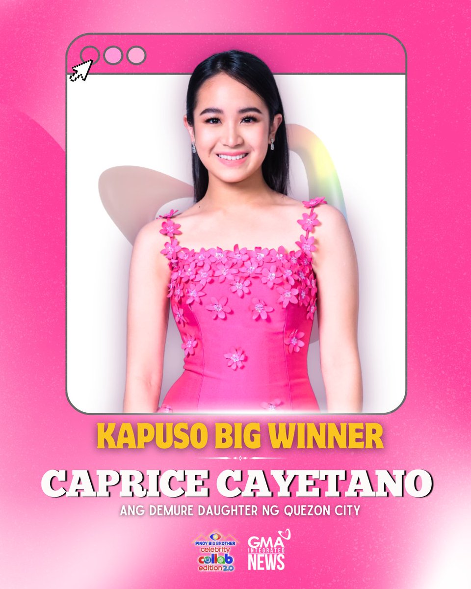 CAPRICE IS YOUR KAPUSO BIG WINNER! 

Ang "Demure Daughter Ng Quezon City" na si Caprice Cayetano ang Big Winner ng "Pinoy Big Brother: Celebrity Collab Edition 2.0!" #PBBCollab20TheBigNight