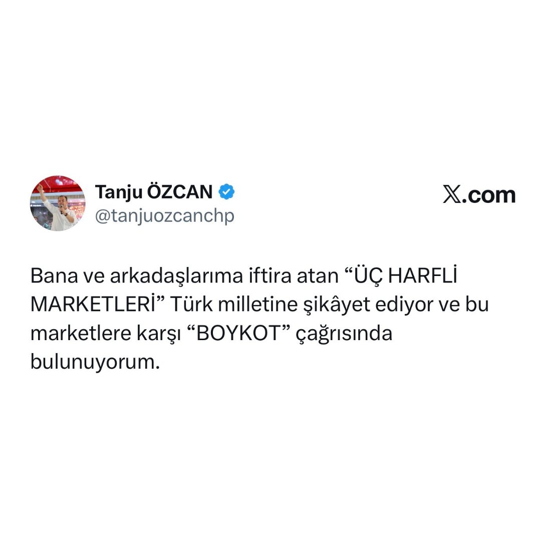 solcugazete60's tweet photo. Gözaltına alınan Tanju Özcan’ın hesabından yapılan paylaşım:

“Bana ve arkadaşlarıma iftira atan ‘ÜÇ HARFLİ MARKETLERİ’ Türk milletine şikâyet ediyor ve bu marketlere karşı ‘BOYKOT’ çağrısında bulunuyorum.” https://t.co/6CnYpRysJU