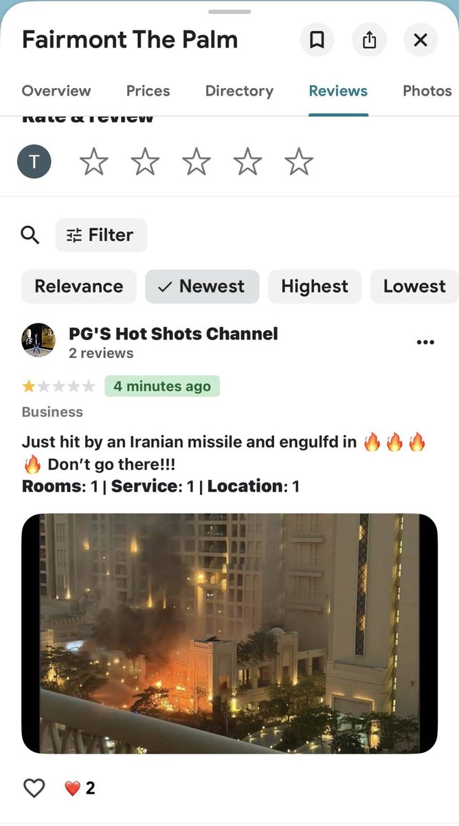 遊客入住杜拜的棕櫚費爾蒙酒店

睡到一半 伊朗的一枚飛彈飛過來
酒店一側起火 約有4人受傷送醫

酒店旅客超不爽 給了一星好評⭐️
「幹你娘睡到一半被炸是三小 破酒店」

飯店設施: 1星 / 酒店服務: 1星 / 地點: 1星
