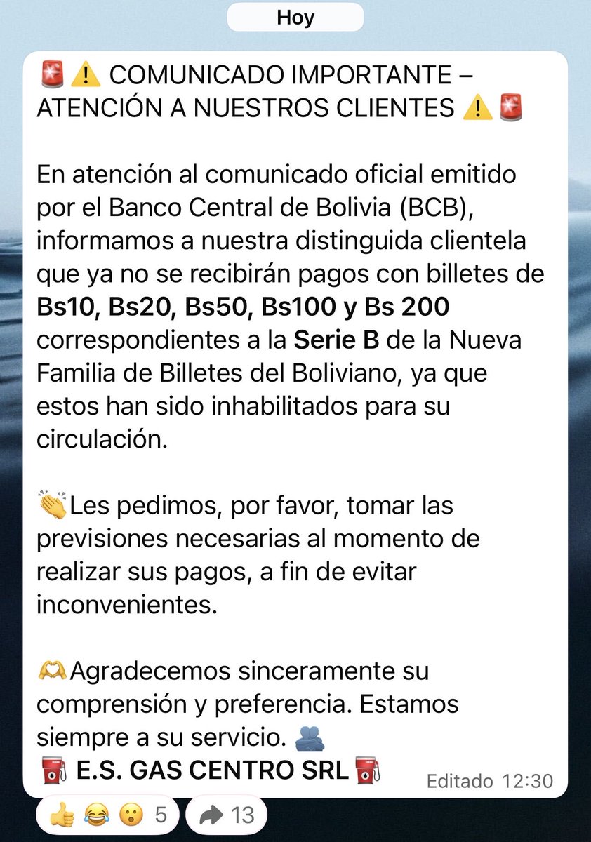 Oyeeee ya se pasan! Lo que ocurre cuando no tienes buena gestión de la comunicación en crisis, ahora hay gasolineras que no reciben billetes de 100 y 200 🫠🫠🫠🫠 <a href="/BancoCentralBO/">Banco Central de Bolivia</a>