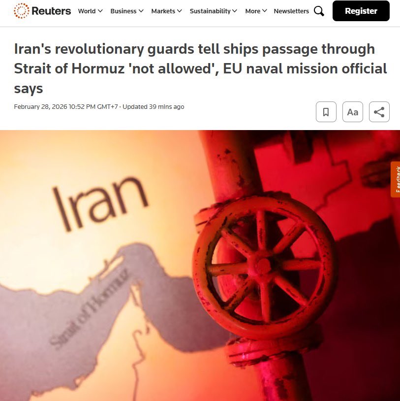 "อิหร่าน" ส่งสัญญาณวิทยุแจ้งเรือหลายลำว่า 

ไม่อนุญาตให้ผ่าน "ช่องแคบฮอร์มุซ” แล้ว

หากถูกปิดอย่างสมบูรณ์จริง นี่จะเป็นการปิดเส้นทางเดินเรือที่สำคัญที่สุดของโลกเป็นครั้งแรกในประวัติศาสตร์

[Reuters รายงาน]