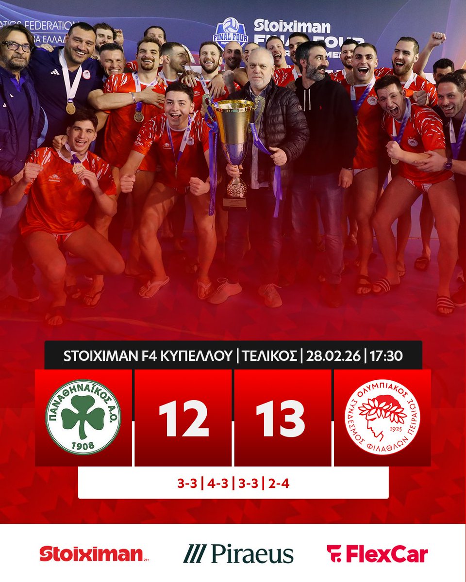 Ο Ολυμπιακός νίκησε με 13-12 τον Παναθηναϊκό στον τελικό του @stoiximan F4 Κυπέλλου Ελλάδος και κατέκτησε το 27ο Κύπελλο της Ιστορίας του!