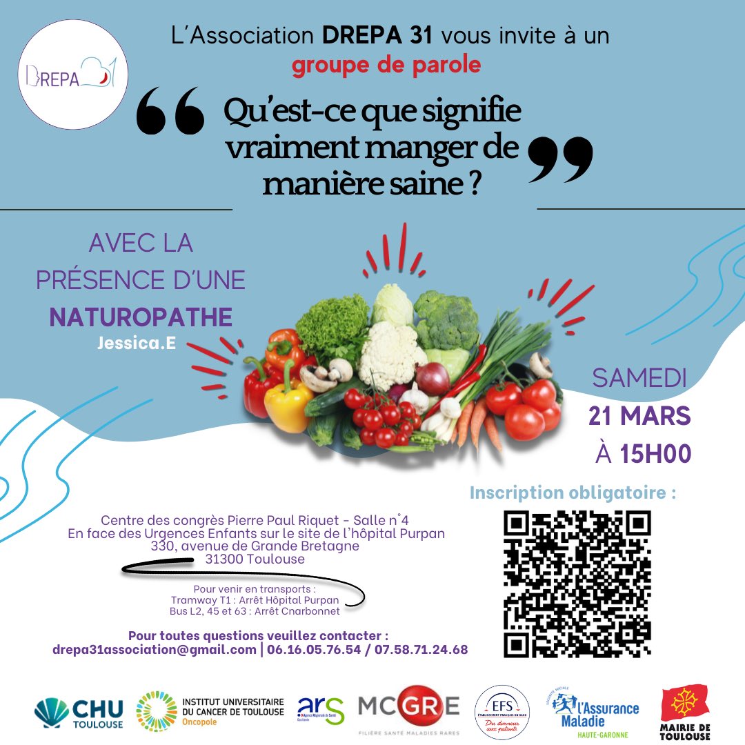 Drepa_31's tweet photo. 🥦 Groupe de parole DREPA 31
“Que signifie vraiment manger sainement ?”

📅 Samedi 21 mars à 15h
📍 Centre des congrès Pierre Paul Riquet – Toulouse
👩‍⚕️ Avec la naturopathe Jessica E
📝 Inscription obligatoire

Infos : drepa31association@gmail.com
#drepanocytose #naturopathie https://t.co/agd8VmwTBN