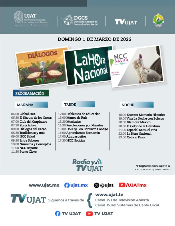 ¡Tu domingo se vive en TV UJAT! 📺✨
Te compartimos la programación de este 1 de marzo para que no te pierdas tus programas favoritos de cultura, educación y entretenimiento.