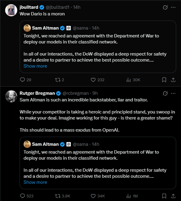 Welcome to 2026. Take your pick:

<a href="/DarioAmodei/">Dario Amodei</a>  is a moron.
OR
<a href="/sama/">Sam Altman</a> is a backstabber, liar and traitor.
OR
Both.
OR
Neither.

Regardless of who you agree with (<a href="/jbulltard1/">jbulltard</a> or <a href="/rcbregman/">Rutger Bregman</a>)... this is going nowhere good.

My $0.02: Humankind is not prepared to handle AI.