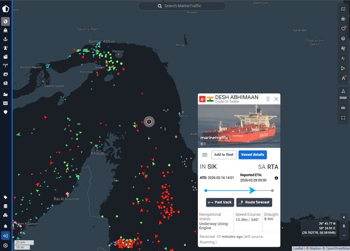 Here we go, the first ship is turning around. According to MarineTraffic, the Indian-flagged crude oil tanker "Desh Abhimaan" just made a 180 degree turn next of the Strait of Hormuz.