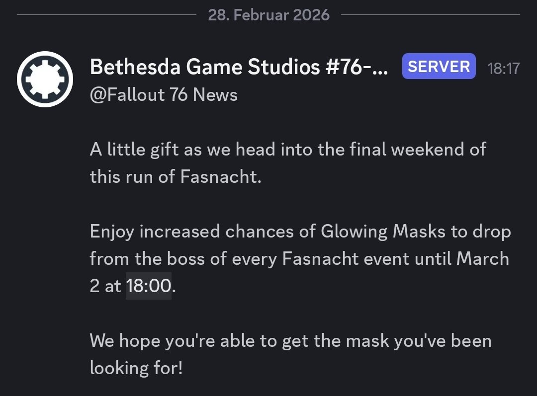 Fasnacht: Double rare mask drop rate is now active. Means: 10% instead of 5% chance to get any rare mask from the boss at the end of the event. Good luck everyone! #Fallout76