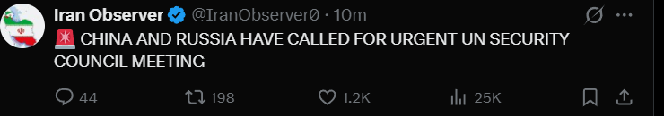 🚨 CHINA AND RUSSIA HAVE CALLED FOR URGENT UN SECURITY COUNCIL MEETING
#iran #Tehran #WorldWar3