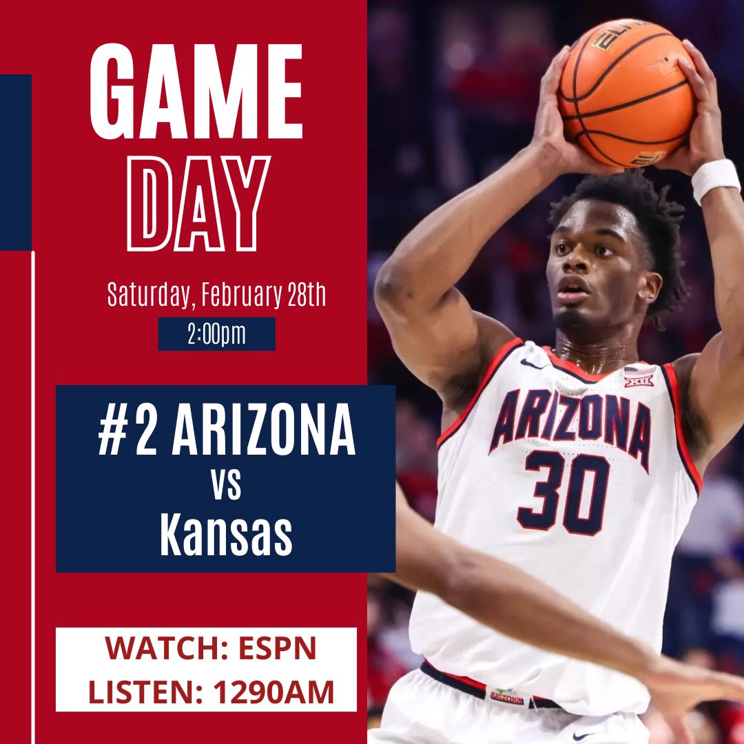 G-A-M-E-D-A-Y

🏀 #2 ARIZONA vs #14 Kansas

📆 Saturday, February 28th
⏲️ 2:00pm
📍McKale Center at ALKEME Arena
📺 ESPN
📻 Wildcats Radio 1290AM, KHIT 107.5