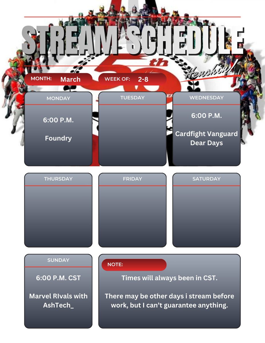 New schedule. Missed last week cause work schedule didn't come out until Sunday unfortunately. Looking forward to Wednesday for Vanguard.
