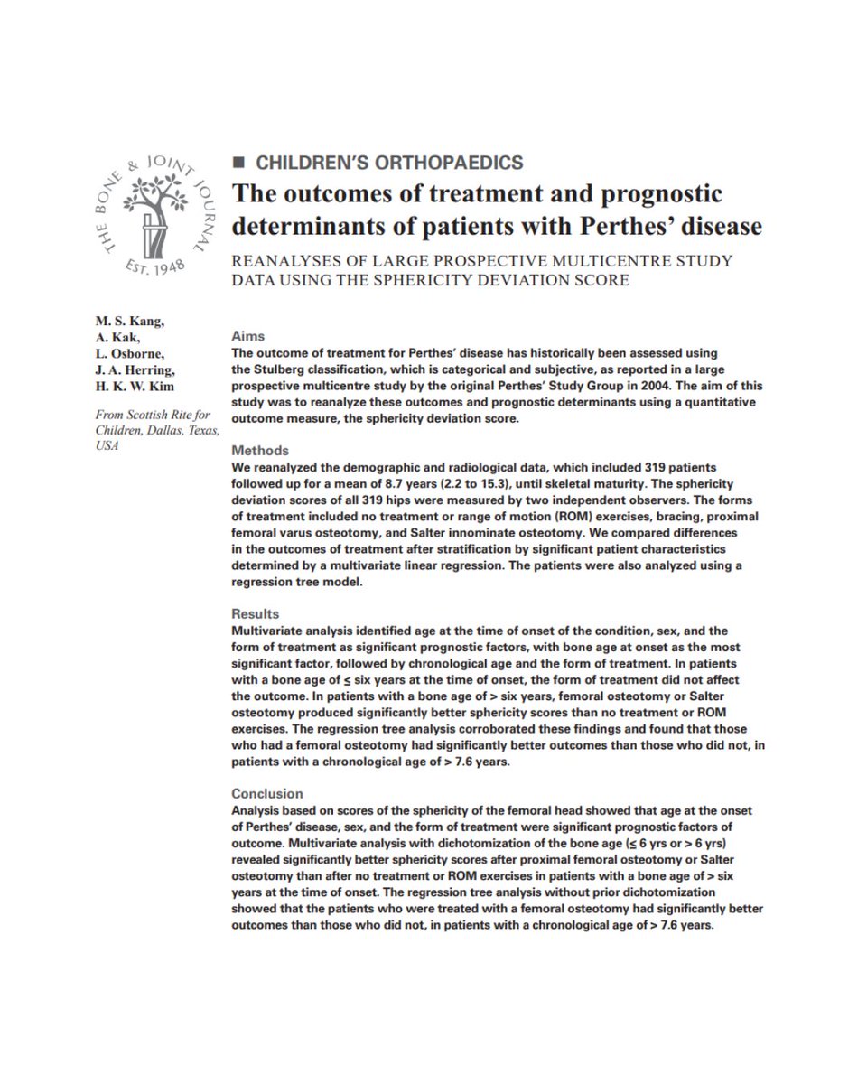 BoneJointJ's tweet photo. Analysis based on scores of the sphericity of the femoral head showed that age at the onset of Perthes’ disease, sex, and the form of treatment were significant prognostic factors of outcome.

#ChildrensOrtho #Perthes #PedsOrtho

https://t.co/2RHlGXmdCH https://t.co/vpRAeZKjW6