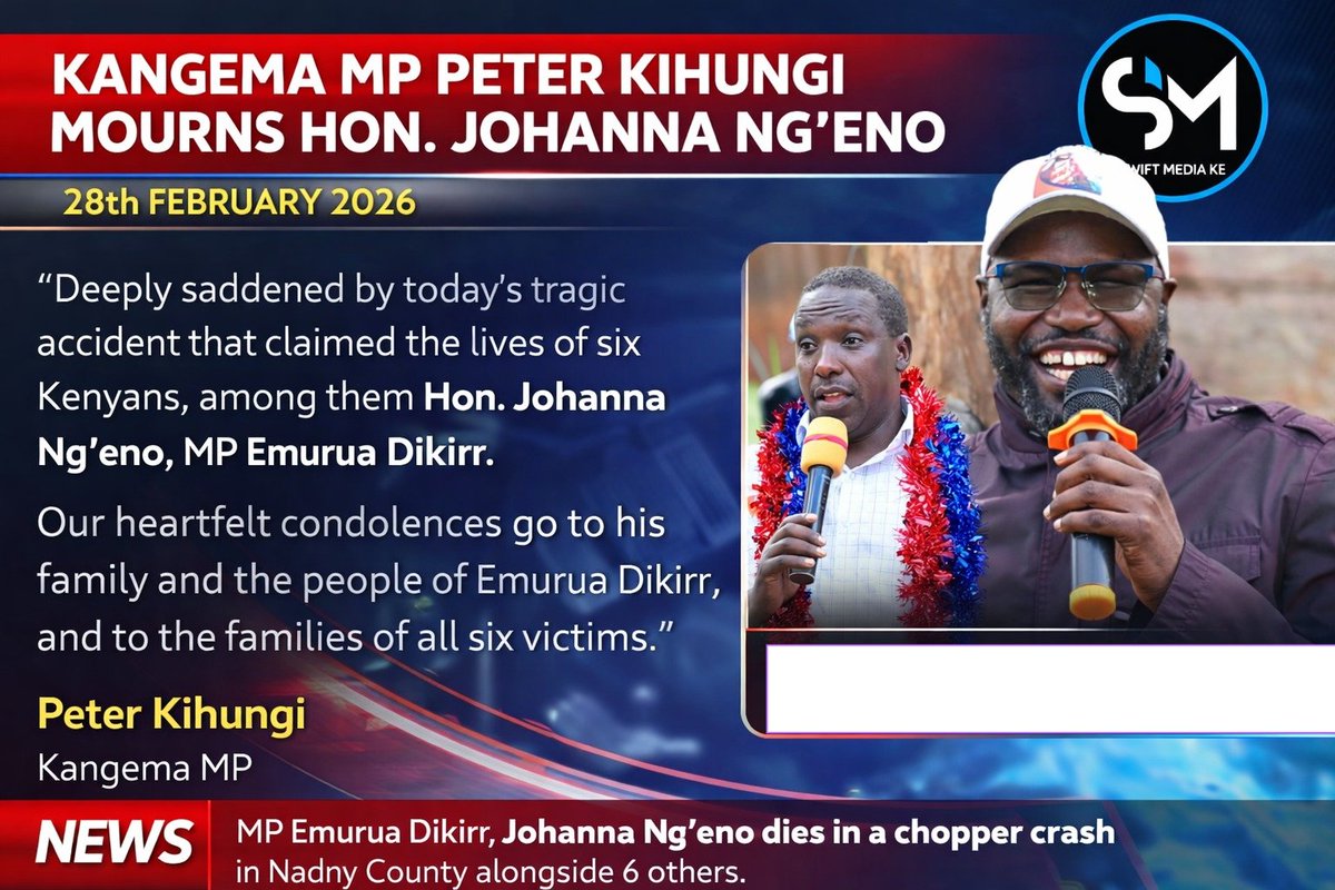 SwiftMediake's tweet photo. TRAGEDY: Emurua Dikirr MP Johanna Ng’eno Dies in Chopper Crash Nandy County as Kangema MP Peter Kihungi Mourns.

inflation drops Narok Ronald Karauri 5Y-DSB Kim Jong Un Burj Khalifa https://t.co/IT4XXaXH5J