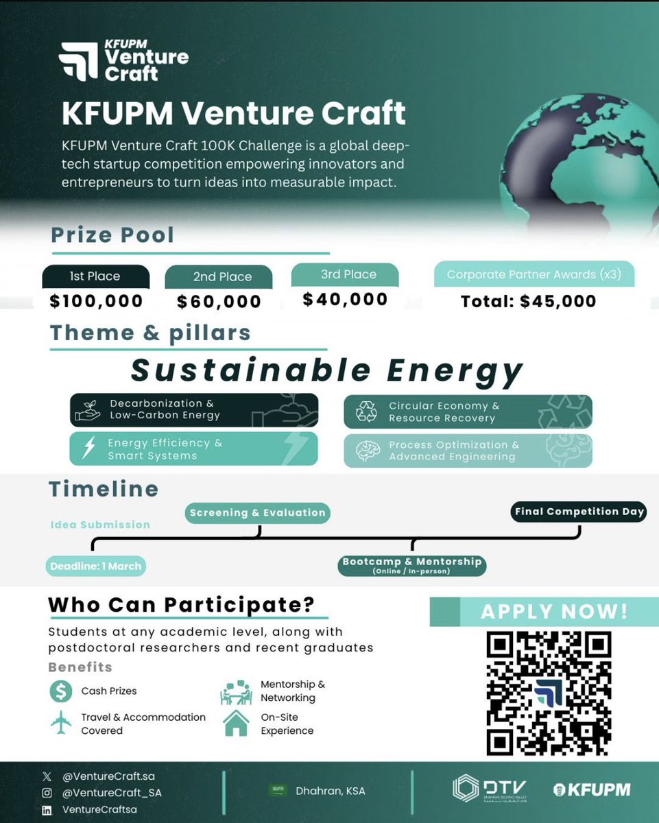 RenadAlmhaysini's tweet photo. ⏳أقل من 48 ساعة متبقية لانتهاء التسجيل!

مبادرة Venture Craft من جامعة الملك فهد للبترول والمعادن في مجال الطاقة المستدامة

فرصة ماتتفوت، الشغل جباااااار الي جالس يصير غير الجوائز الي توصل إلى 245,000 دولار🤩 https://t.co/sO7VPz9itM