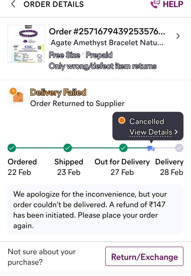MPRAVEE90669175's tweet image. Odered Amethyst Bracelet 22-02-26 on Meesho. Agent took OTP citingscanning issue promised next-day delivery.Instead, order was cancelled ,returned without my consent.Why collect OTP without delivery No proper response.Expect accountability from @Meesho &amp;amp; Delhivery #ConsumerRight