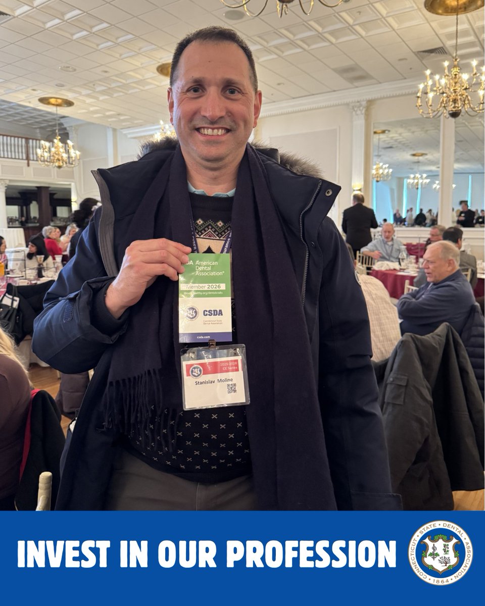 CtStateDental's tweet photo. Dr. Moline is kicking off this week’s #StickerSaturday! 🦷🪥

Rocking his membership sticker, he’s a proud supporter of our profession &amp; the community that keeps it moving forward.

Julia’s back on the road spreading the sticker spirit… who’s next? 

#CSDA #CSDAontheroad https://t.co/10pQBJW17V