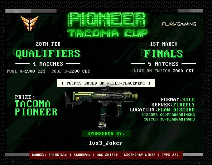 Community Tournaments are BACK on Teardrop!
@FlawGamingHQ just kicked off the Pioneer Cup.

Solo. 
No Arc Shield.
No Legendary limbs.
No excuses.

Announced by <a href="/Eastn7_/">Eastn7⚡️</a>  and <a href="/AleksaFlamingo/">Aleksa Flamingo 🦩</a> 

The Pioneer Cup Qualifiers are LIVE 👇