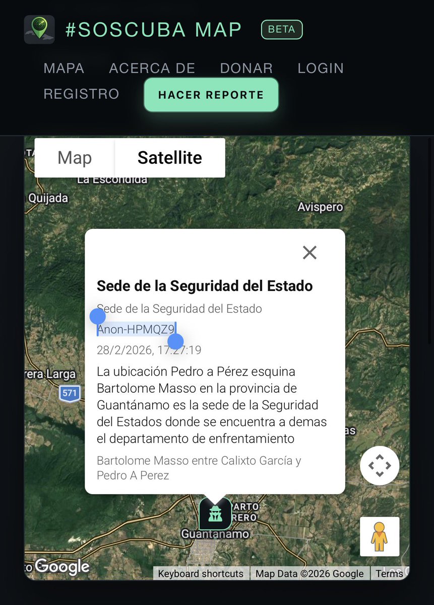 Gracias Anon-HPMQZ9 por localizar la Sede de la Seguridad del Estado en Guantánamo.

Colabora en el Mapa Represivo de Cuba: mapa.soscuba.org