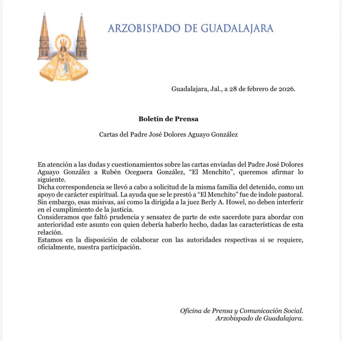 El Arzobispado confirma mi investigación sobre el padre Lolo y asegura que faltó prudencia en su decisión de respaldar a la familia de El Mencho. 

Dice que están abiertos a colaborar con las autoridades judiciales 👇🏼