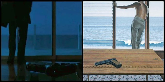 PynchonInPublic's tweet photo. @CinemaRhymes Heat (1995) is a really stylish film. For example, director Michael Mann frames a scene to mimic painting "Pacific" by Alex Colville, in which a man stares wistfully out a window at the ocean while a gun rests on table behind him #MichaelMann #AlexColville https://t.co/tumQHXP8SG
