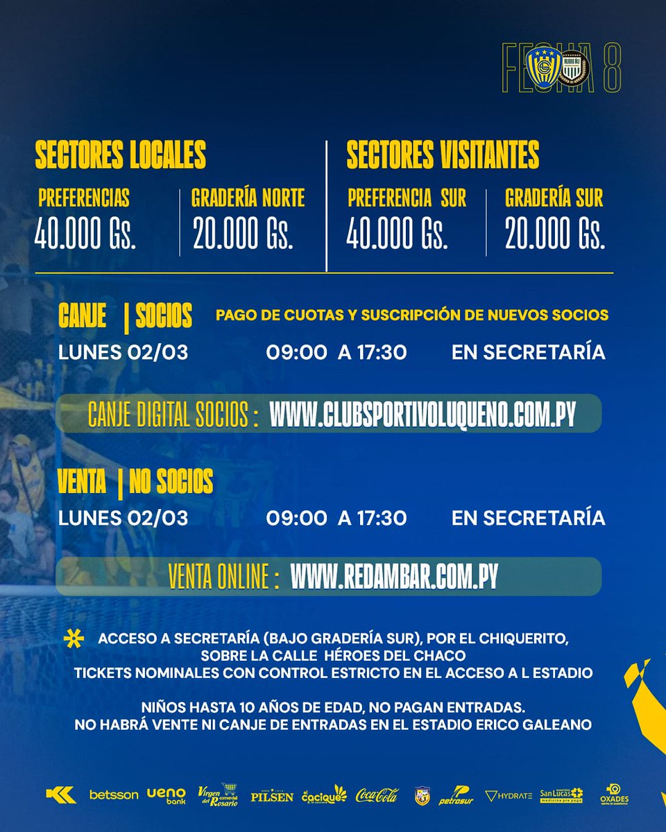 SpLuquenOficial's tweet photo. ¡𝗔𝗧𝗘𝗡𝗖𝗜Ó𝗡 𝗔𝗨𝗥𝗜𝗔𝗭𝗨𝗟𝗘𝗦! 💪🏻🇺🇦

Se informa a socios e hinchas que desde hoy ya se encuentra habilitado el canje y la venta de entradas vía online.

Canje socios 
https://t.co/z9LSRl5Fbv

Vía web https://t.co/vgbvOUHxBa

➡️ La venta presencial en Secretaría iniciará el lunes a partir de las 09:00

#SiempreLuqueño 🔵🟡